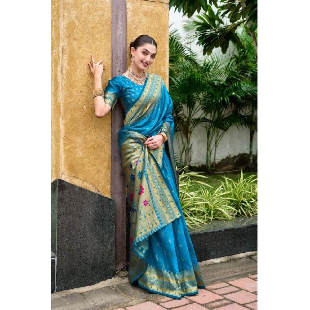 Generic Women's Silk Blend Paithani Weaving Saree With Unstitched Blouse 5.5Mtr (Aqua) - MYLUXURY LANE ENTERPRISE